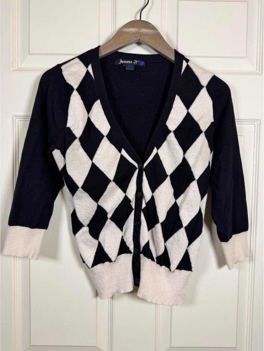 Vintage Forever 21 Black and White Argyle Button-Up Cardigan Sweater